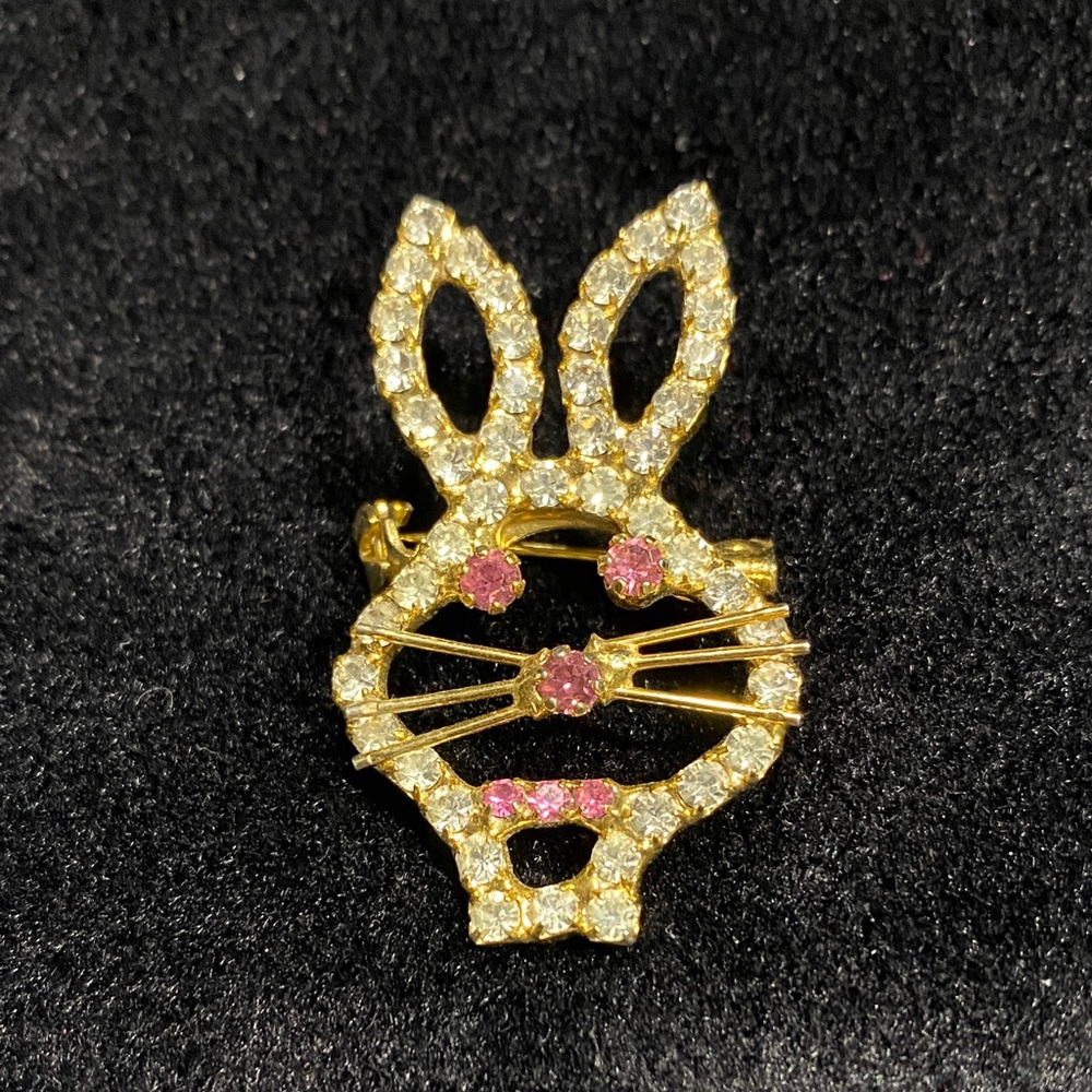 Gold, Rhinestone and Pink Crystal Rabbit Brooch